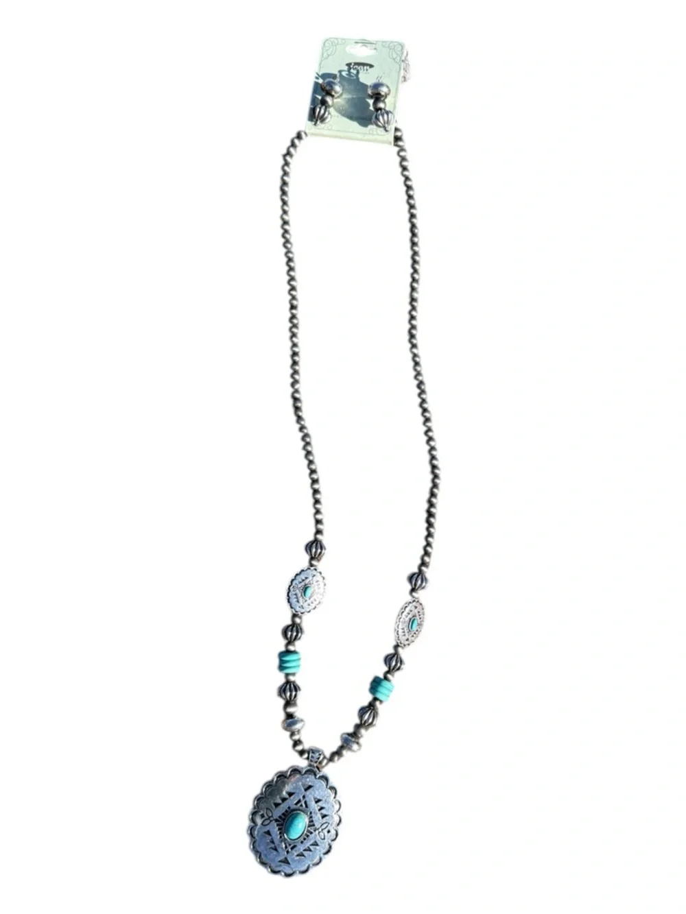Southwestern Style Turquoise Pendant Necklace + Matching Earrings Set